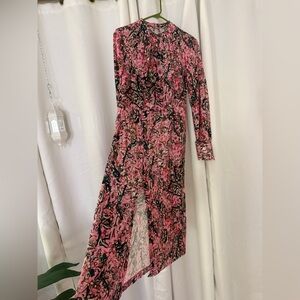 Floral Pink and Black Long Sleeve Midi Dress